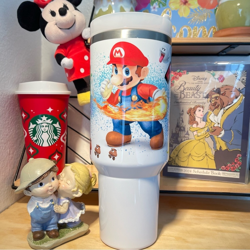 Custom 40 oz Tumbler Nintendo Super Mario Bros tumbler with hand carry handle. B